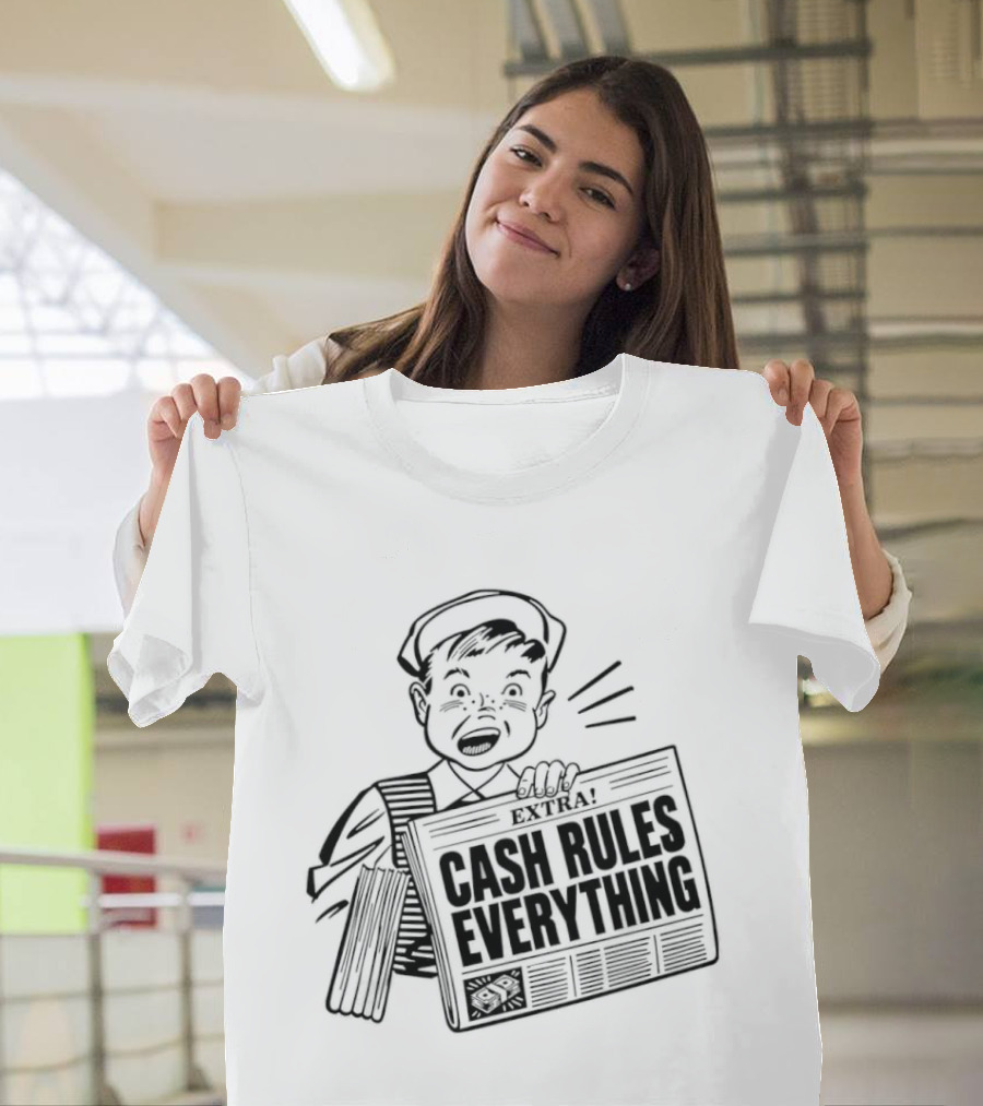 Cash Rules Everything Newspaper Boy Vintage Style Drawing T-Shirt