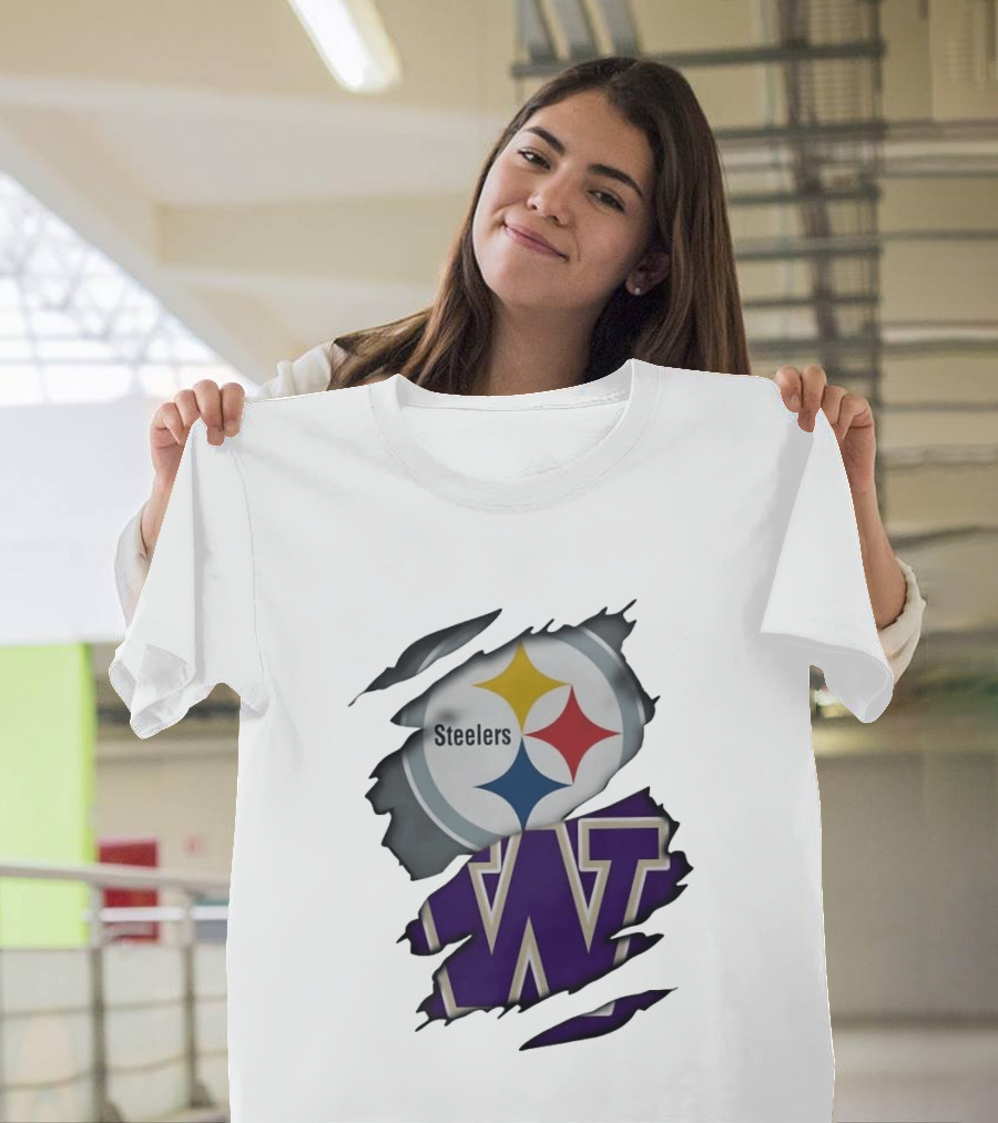 Pittsburgh Steelers Washington Huskies Ripped Logo Collaboration T-Shirt