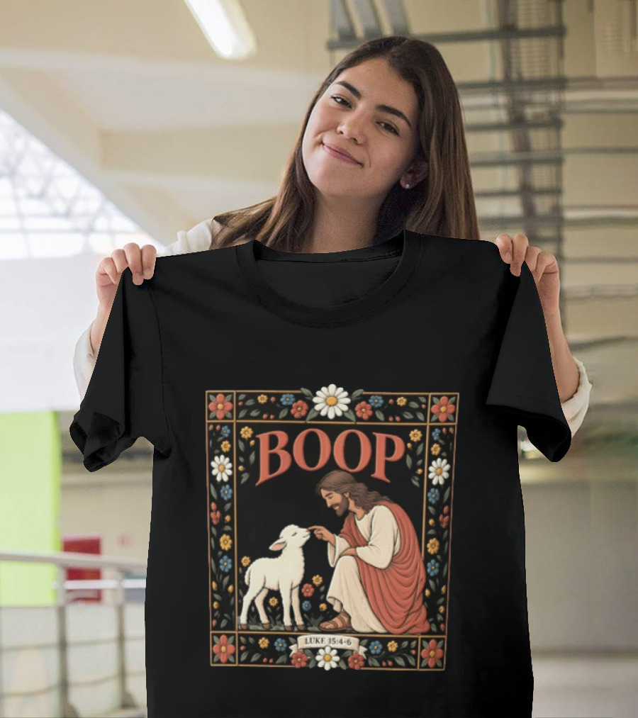 BOOP Luke 15:4 6 Jesus Kneeling Touching Nose Of White Lamb T-Shirt