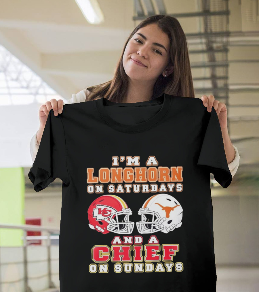 I'm A Longhorn On Saturdays And A Chief On Sundays Football Helmets T-Shirt