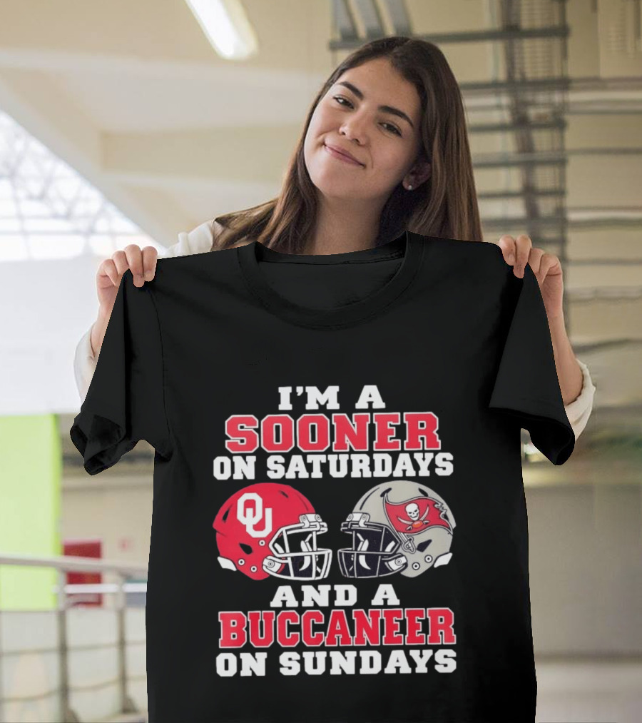 I'm A Sooner On Saturdays And A Buccaneer On Sundays Football Helmets OU Tampa Bay T-Shirt