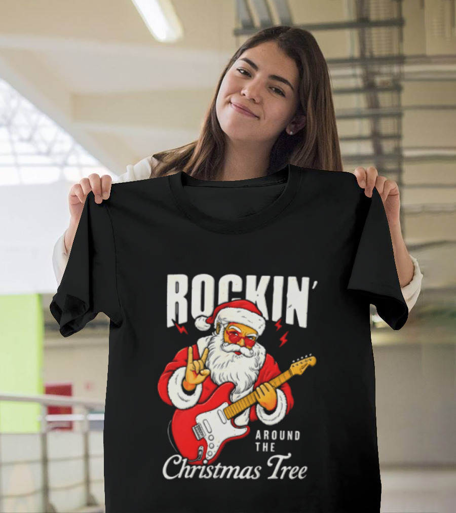Rockin' Santa Christmas Tree Guitar Holiday T-Shirt