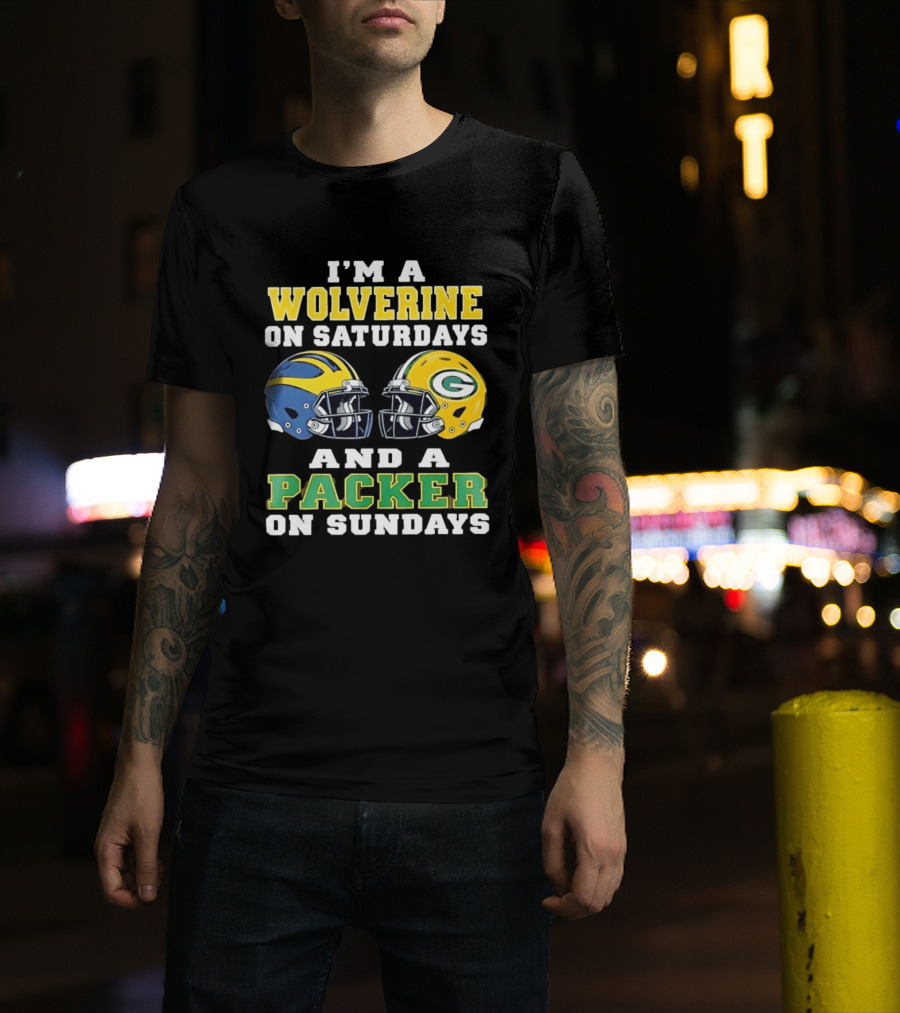 I'm A Wolverine On Saturdays And A Packer On Sundays Football Helmets Emphasis T-Shirt