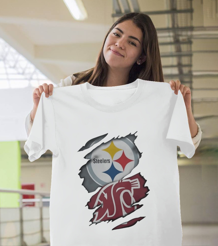 Pittsburgh Steelers Washington State Cougars Ripped Fabric T-Shirt