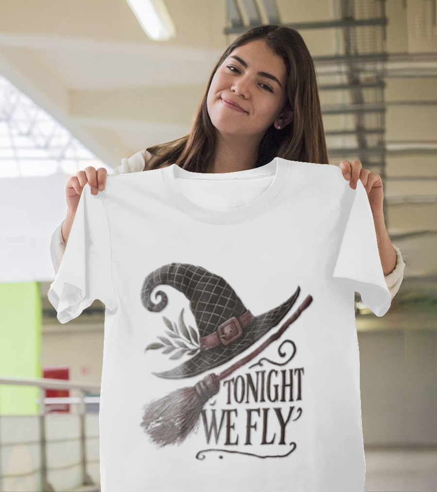 Tonight We Fly Witch Hat Broomstick Leaves T-Shirt