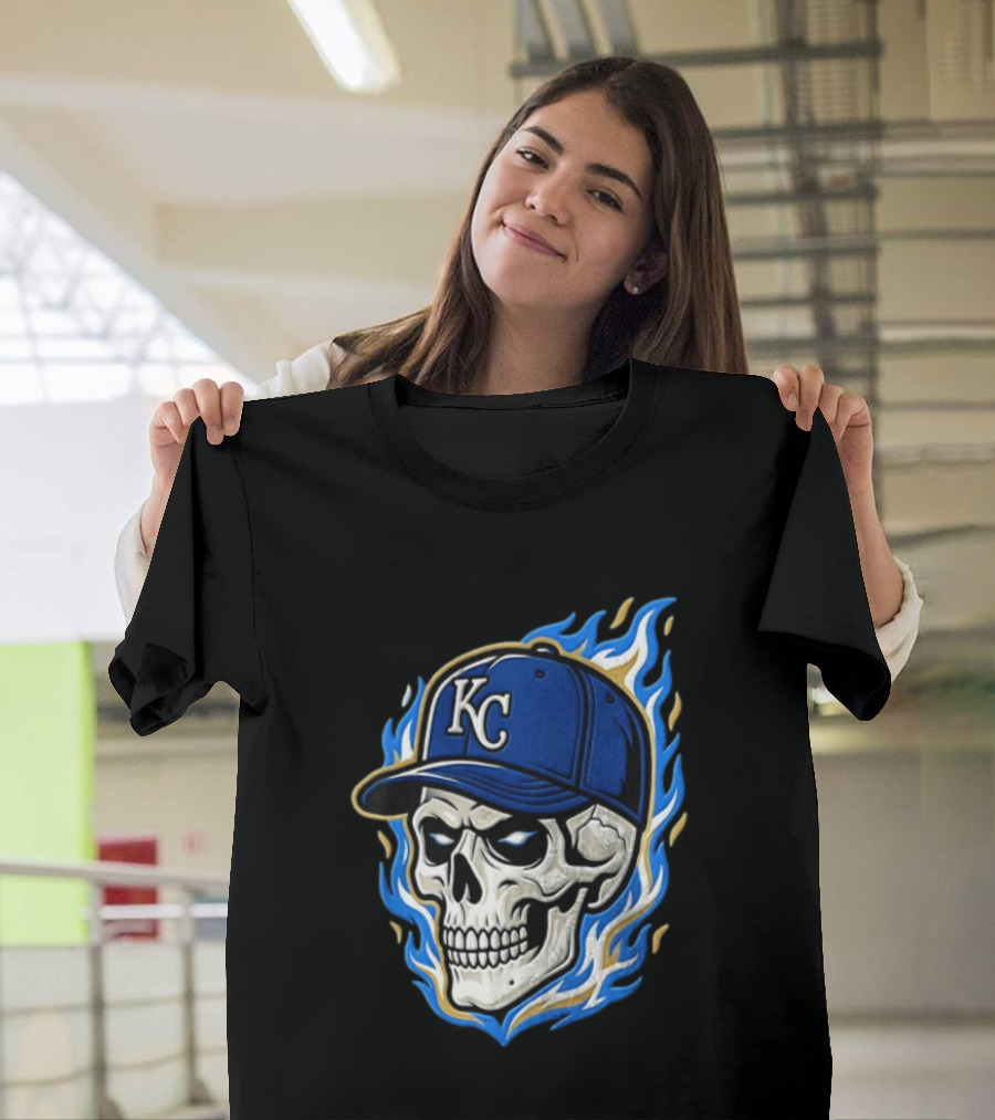 Kansas City Royals Skull Baseball Cap Flame T-Shirt