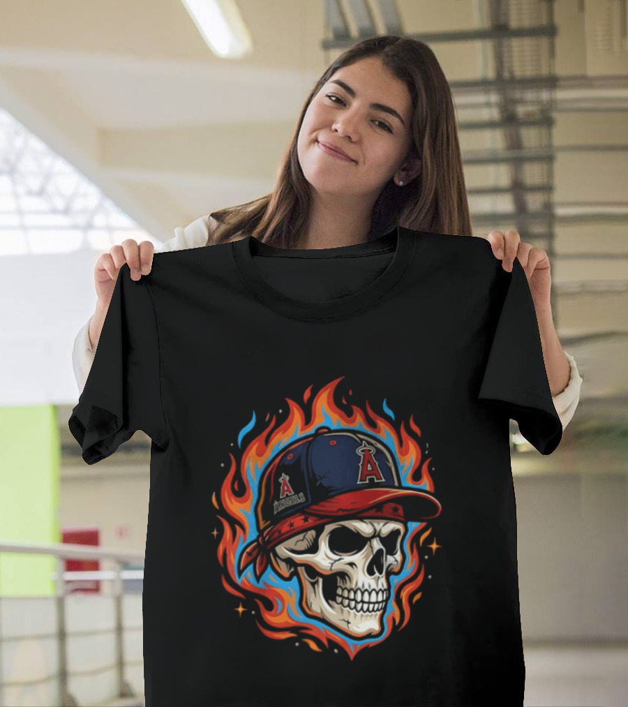Los Angeles Angels Skull In Baseball Cap With Flames T-Shirt