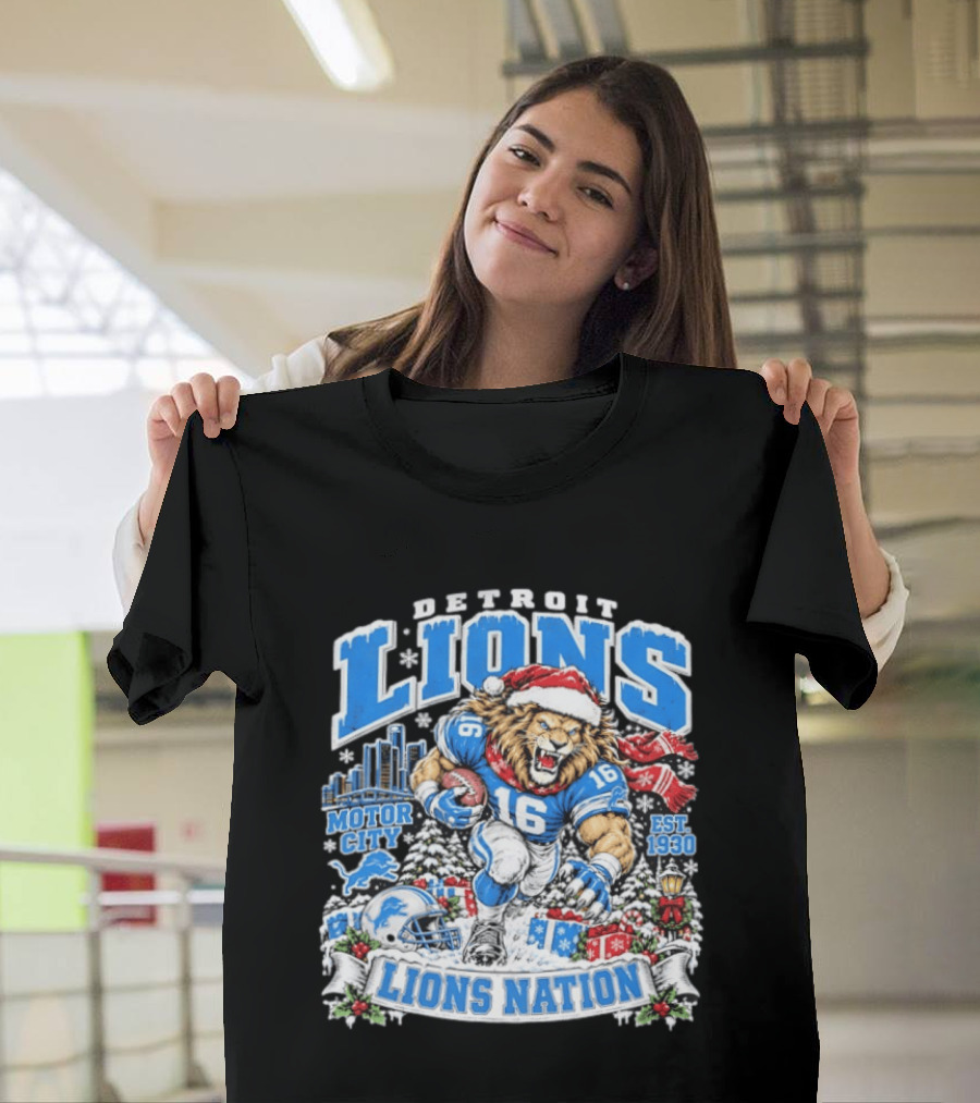 Detroit Lions Nation Christmas Motor City Est 1930 Santa Hat Football T-Shirt