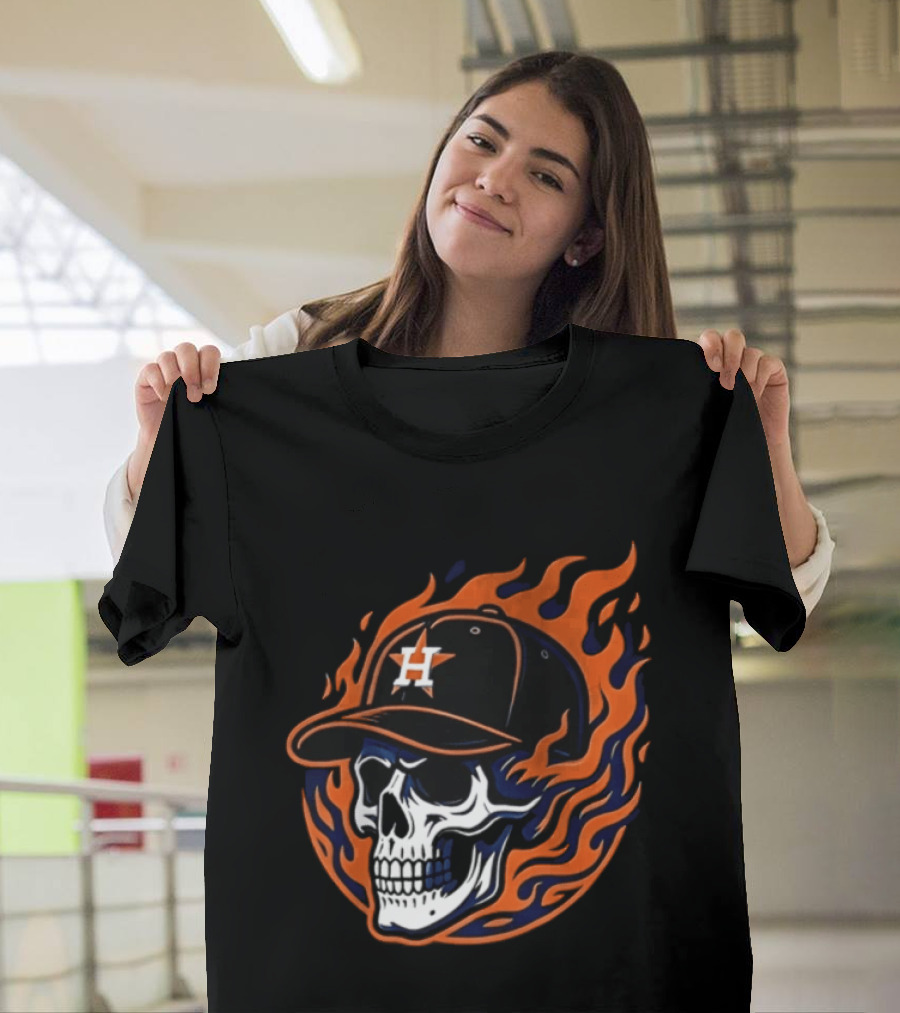 Houston Astros Skull Cap Flames Jesus Trophy T-Shirt