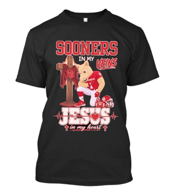Oklahoma Sooners In My Veins Jesus In My Heart Football Mascot And Cross T-Shirt