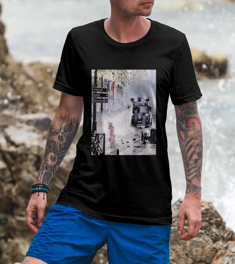 Pink Panther France 2026 Running Through Streets Under Riot Control Water Cannon T-Shirt