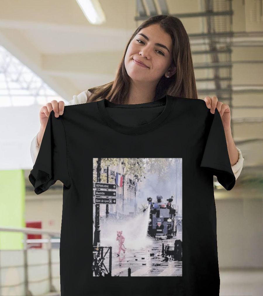 Pink Panther France 2026 Running Through Streets Under Riot Control Water Cannon T-Shirt