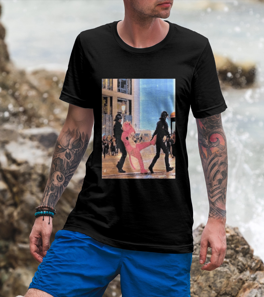 Original Pink Panther France Protests 2026 Police Mascot Arrest Scene T-Shirt