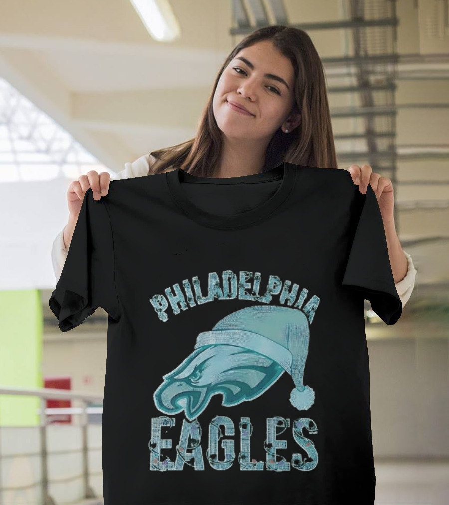 Philadelphia Eagles Festive Holiday Stone Studded Santa Hat T-Shirt