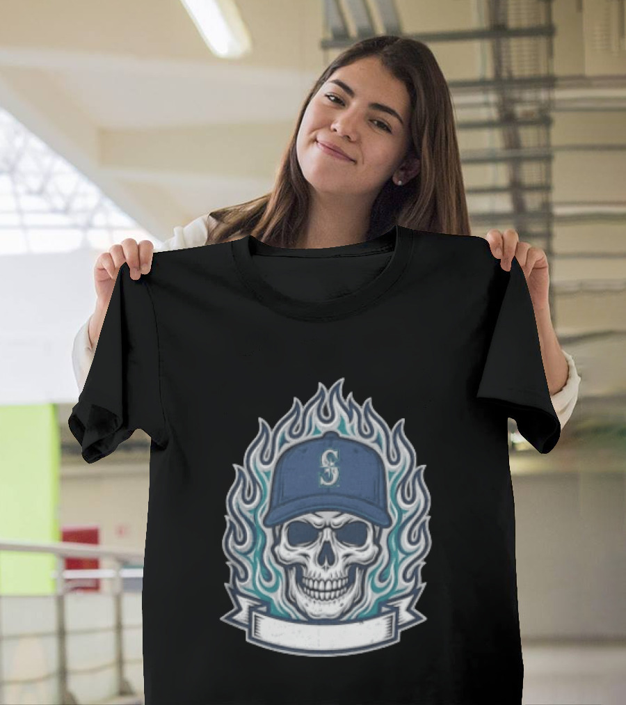 Seattle Mariners Skull Cap Flames Skeleton Angel Cross Wreath T-Shirt