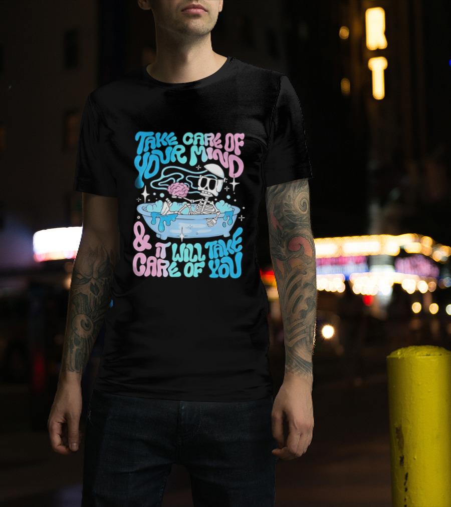 Skeleton Take Care Of Your Mind Neon Pastel Aesthetic T-Shirt