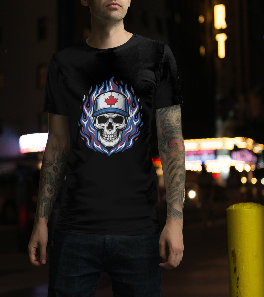 Toronto Blue Jays Skull Maple Leaf Flames T-Shirt