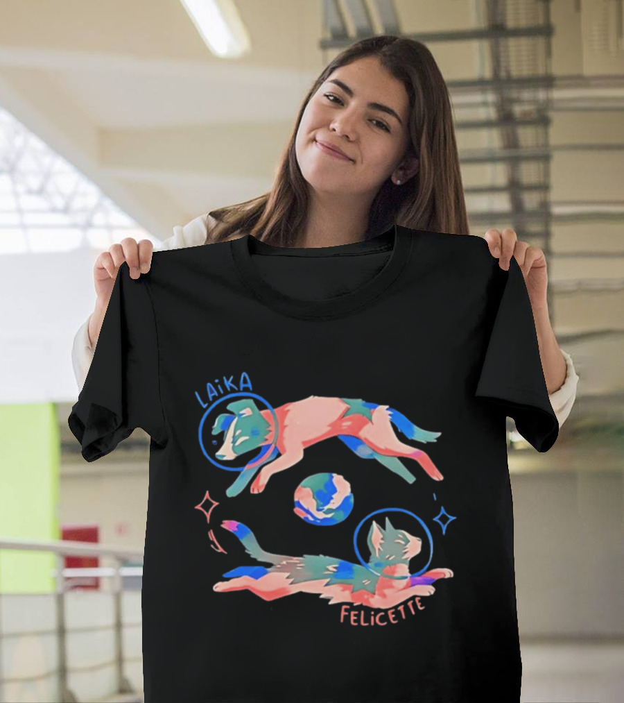 Felicette Cat And Laika Dog Celestial Orbit With Earth And Stars T-Shirt