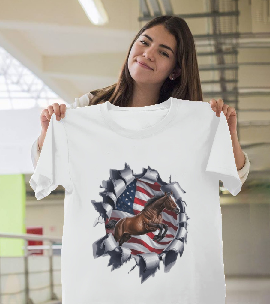 Escaping Horse With American Flag Background 3D Effect T-Shirt