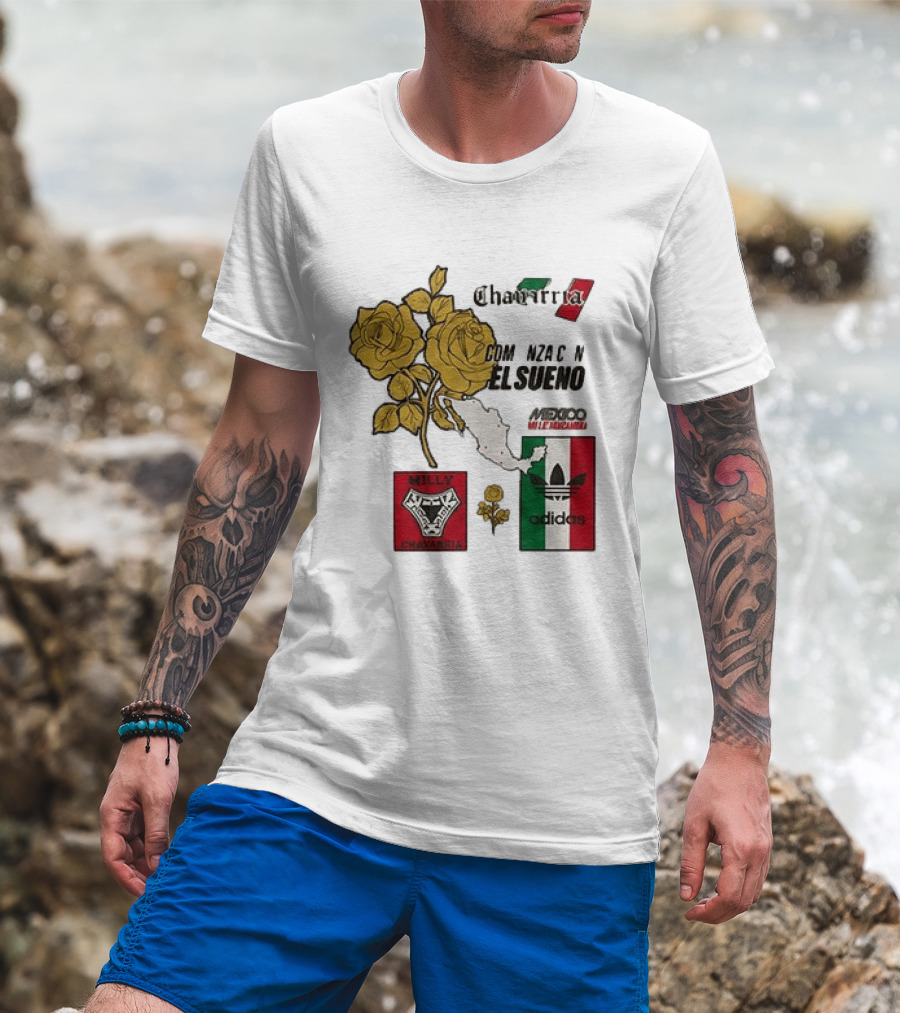 Mexico Willy Chavarria Adidas Comienza Con El Sueno 2026 Collaboration Gold Roses Map Mexican Flag T-Shirt