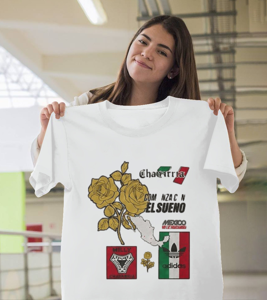 Mexico Willy Chavarria Adidas Comienza Con El Sueno 2026 Collaboration Gold Roses Map Mexican Flag T-Shirt
