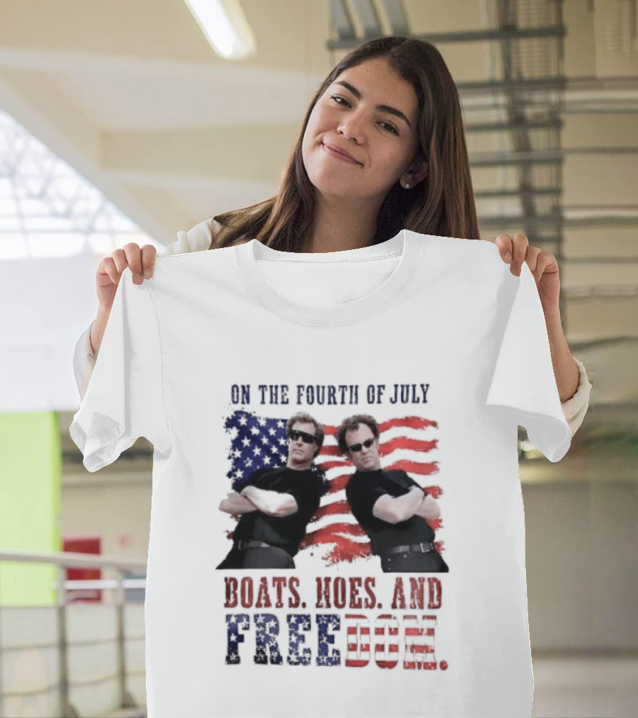 On The Fourth Of July Boats Hoes And Freedom Step Brothers American Flag T-Shirt