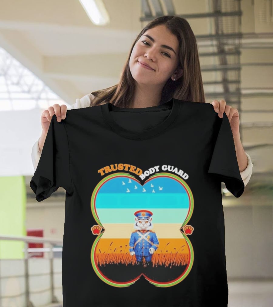 Trusted Body Guard Cat In Uniform With Sunset And Bird T-Shirt