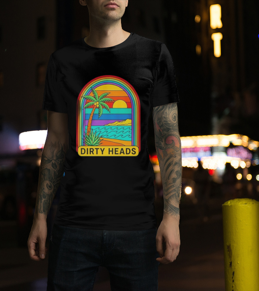 Dirty Heads Vibrant Sunset Beach Scene With Palm Tree And Waves T-Shirt