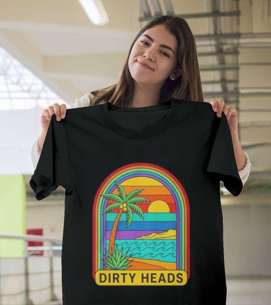 Dirty Heads Vibrant Sunset Beach Scene With Palm Tree And Waves T-Shirt
