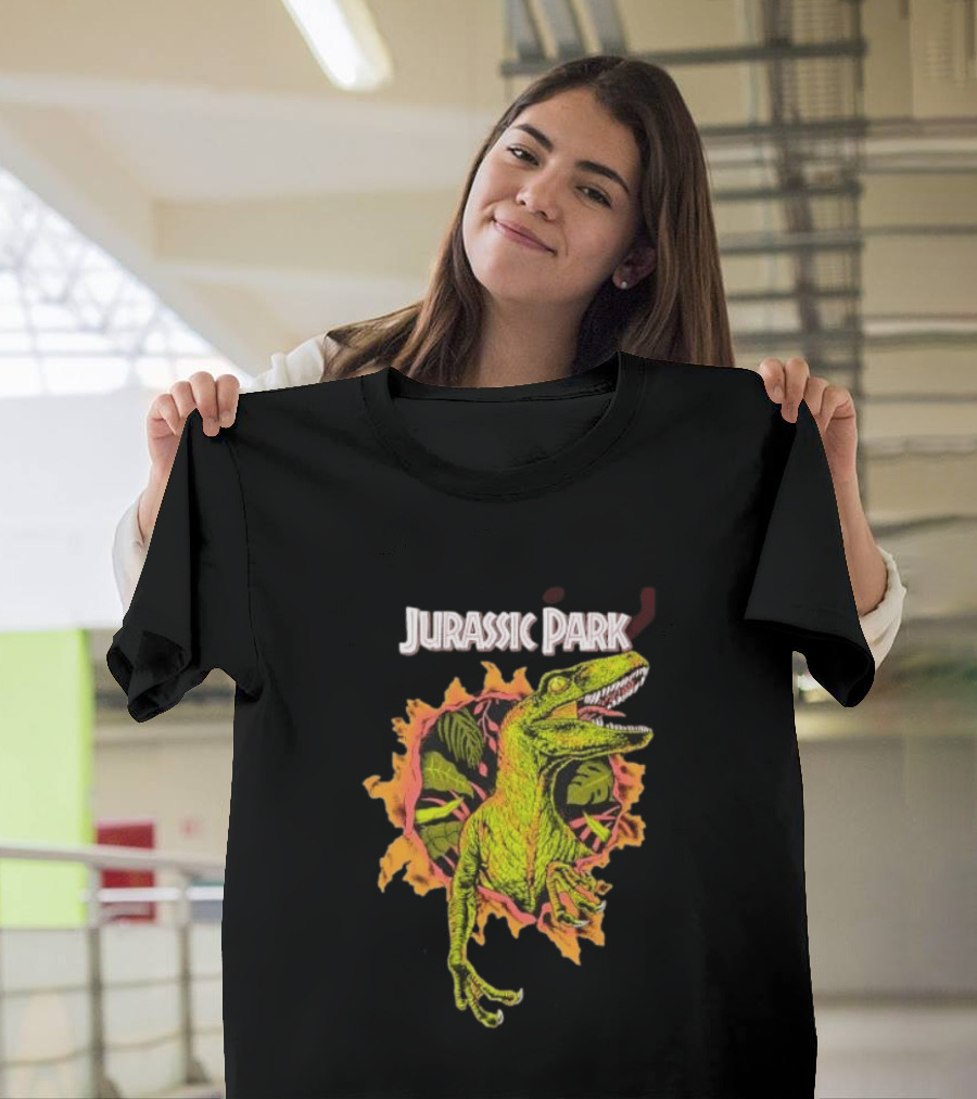 Velociraptor Jurassic Park Dinosaur Breaking Through Wall T-Shirt