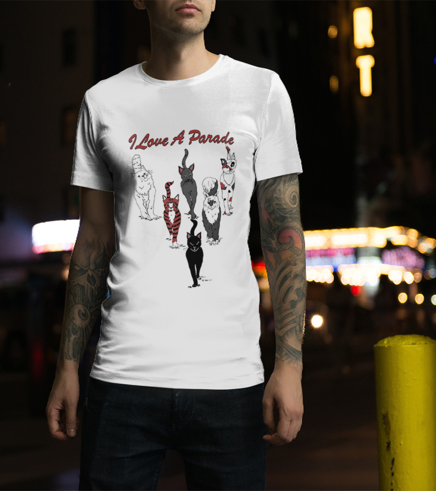 I Love A Parade Walking Cats Black Silhouettes Red Stripes T-Shirt