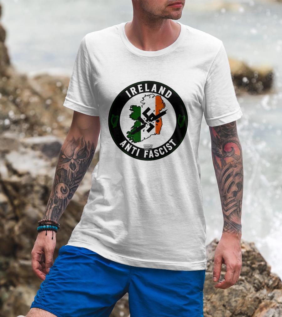 Ireland Anti Fascist Map Design With Tri Color Stripes And Crossed Out T-Shirt