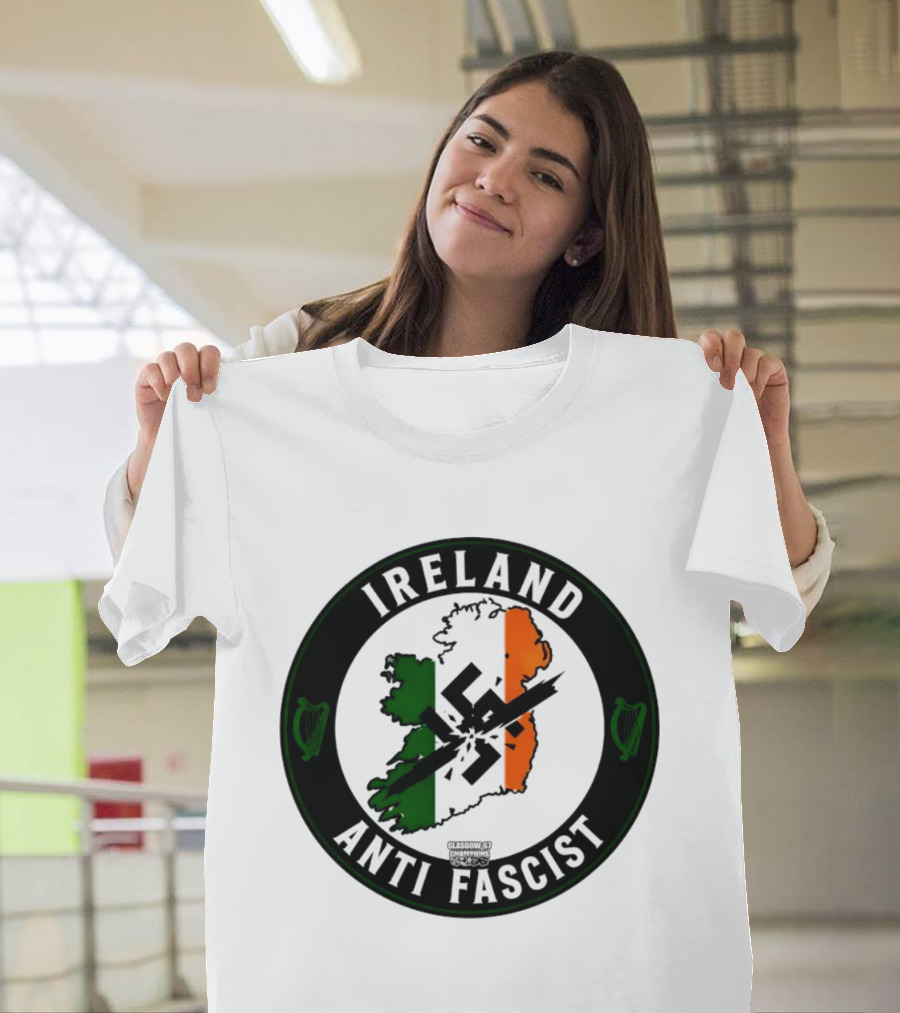 Ireland Anti Fascist Map Design With Tri Color Stripes And Crossed Out T-Shirt