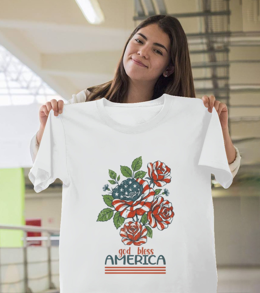 Patriotic Floral God Bless America Roses With Red White Blue Stripes T-Shirt