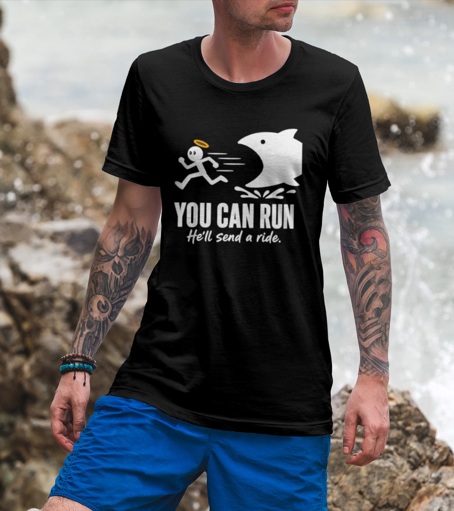Angel Fleeing Shark You Can Run He'll Send A Ride Humor T-Shirt