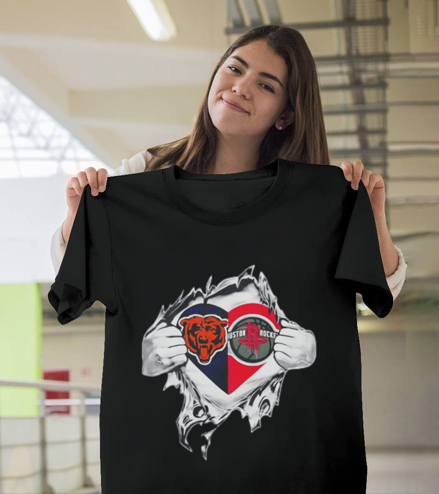Chicago Bears Houston Rockets Ripped Chest Duo Logo Fan Gear T-Shirt