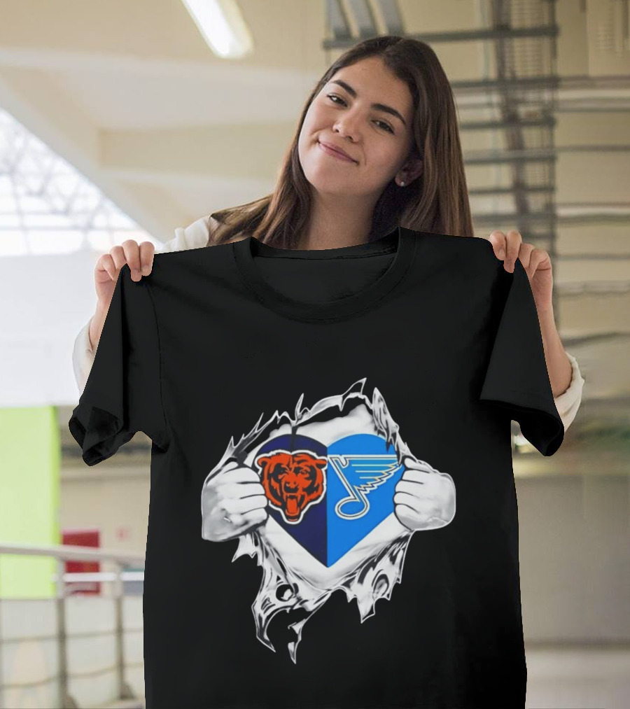 Chicago Bears St Louis Blues Heart Ripping Open Chest Fans Passion Fusion T-Shirt