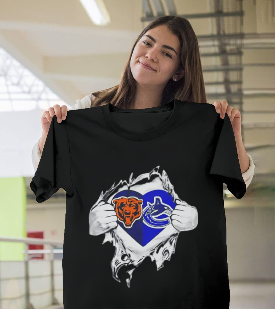 Chicago Bears Vancouver Canucks Heart Ripped Open Chest Sports Fans T-Shirt