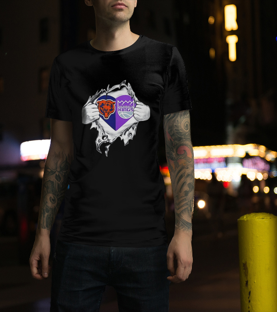Heart Rip Chicago Bears Sacramento Kings Fan Logo Combo T-Shirt