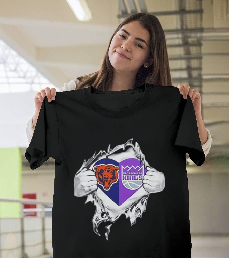 Heart Rip Chicago Bears Sacramento Kings Fan Logo Combo T-Shirt