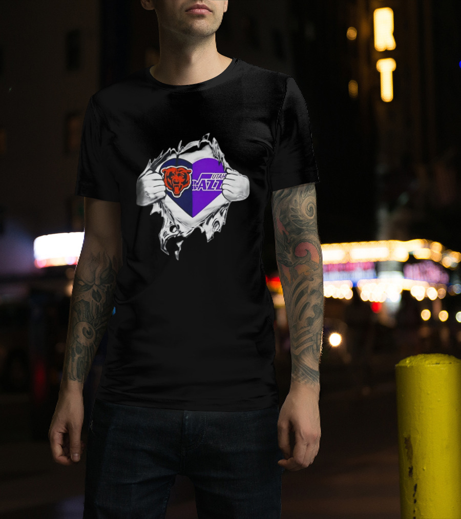 Heart Split Chicago Bears Utah Jazz Team Logos T-Shirt