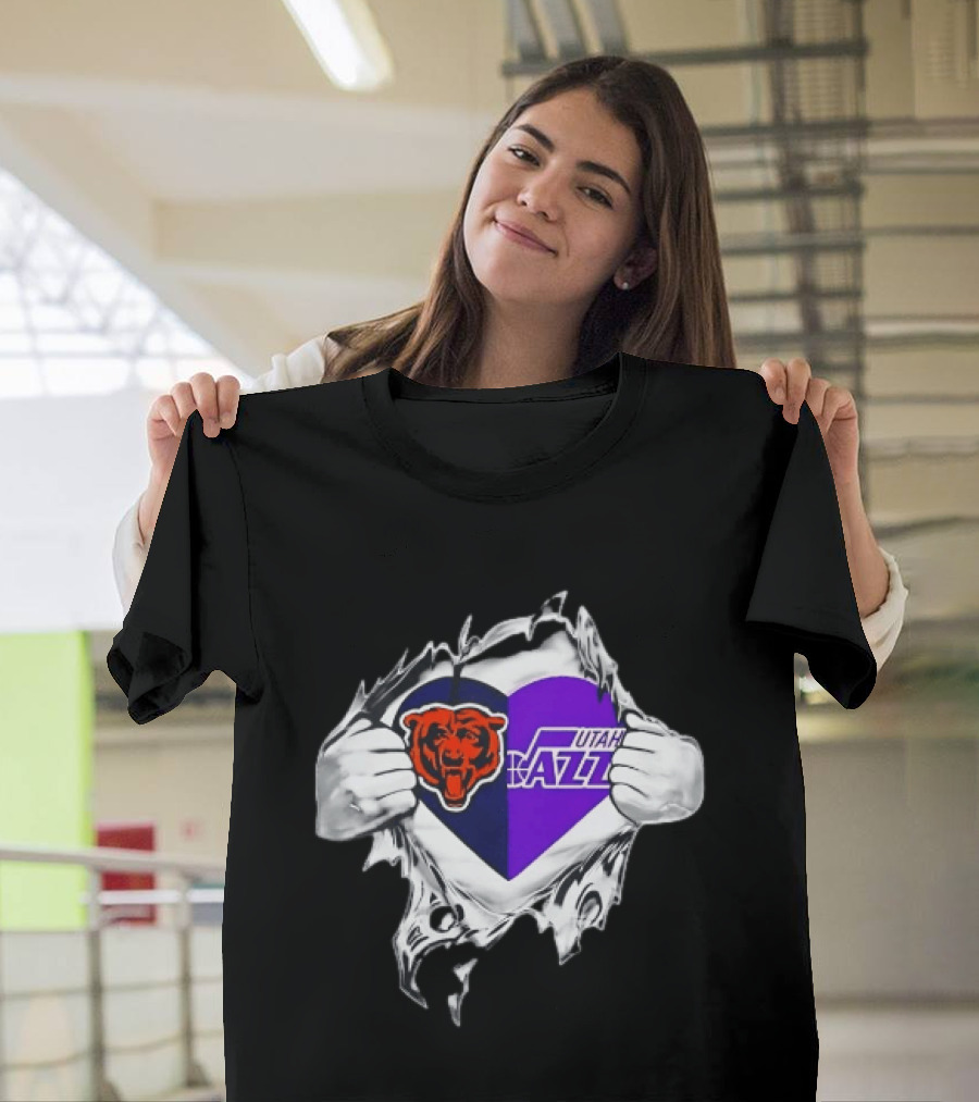 Heart Split Chicago Bears Utah Jazz Team Logos T-Shirt
