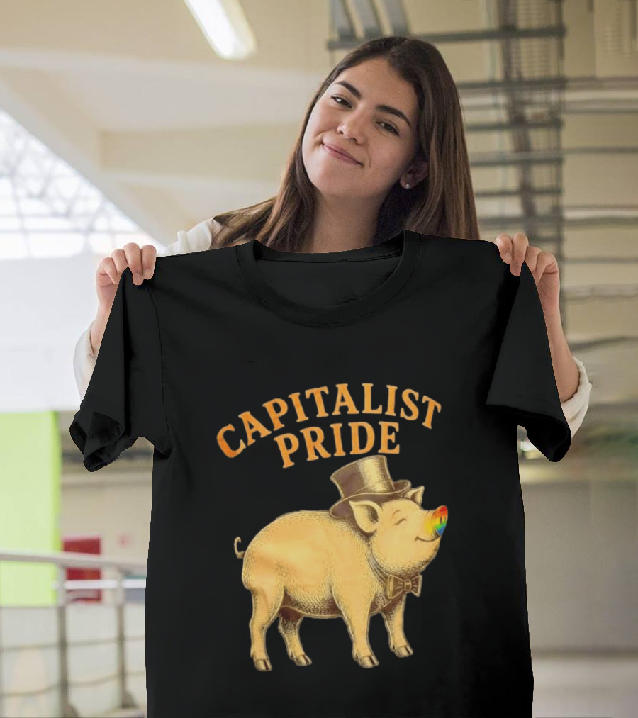 Capitalist Pride Pig With Rainbow Nose And Top Hat Bow Tie T-Shirt