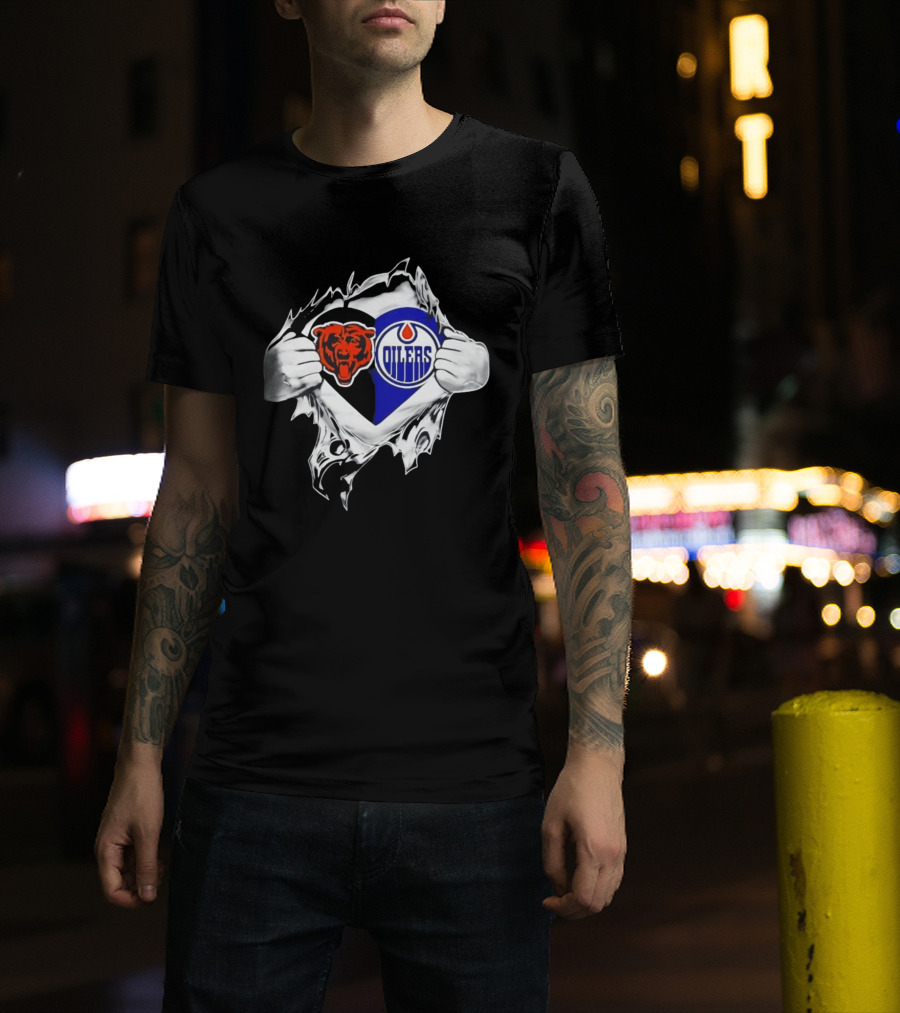 Chicago Bears And Edmonton Oilers Logo Heart Tear T-Shirt