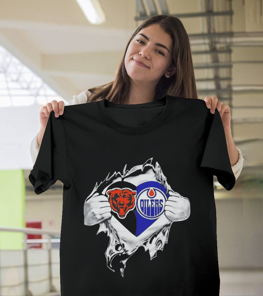 Chicago Bears And Edmonton Oilers Logo Heart Tear T-Shirt