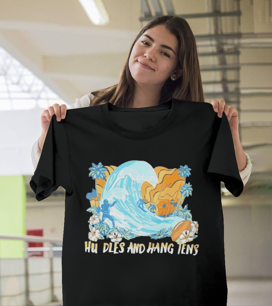 Los Angeles Chargers Tommy Bahama Huddle And Hang Tens Tropical Wave Football Scene T-Shirt
