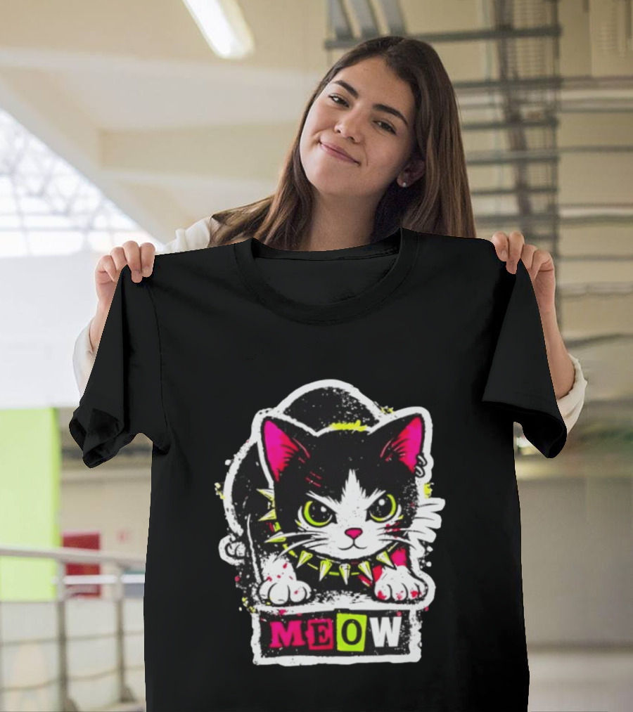 Punk Rock Cat Studded Collar Meow For Music Fans And Cat Lovers T-Shirt