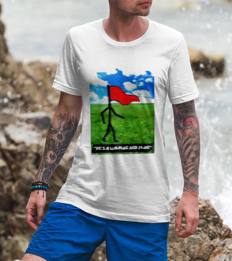 Stick Figure With Red Flag Walking In Field With Blue Sky T-Shirt