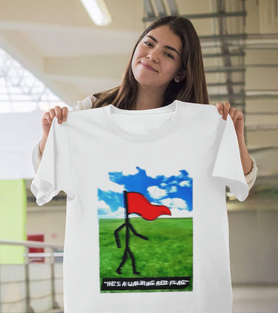 Stick Figure With Red Flag Walking In Field With Blue Sky T-Shirt