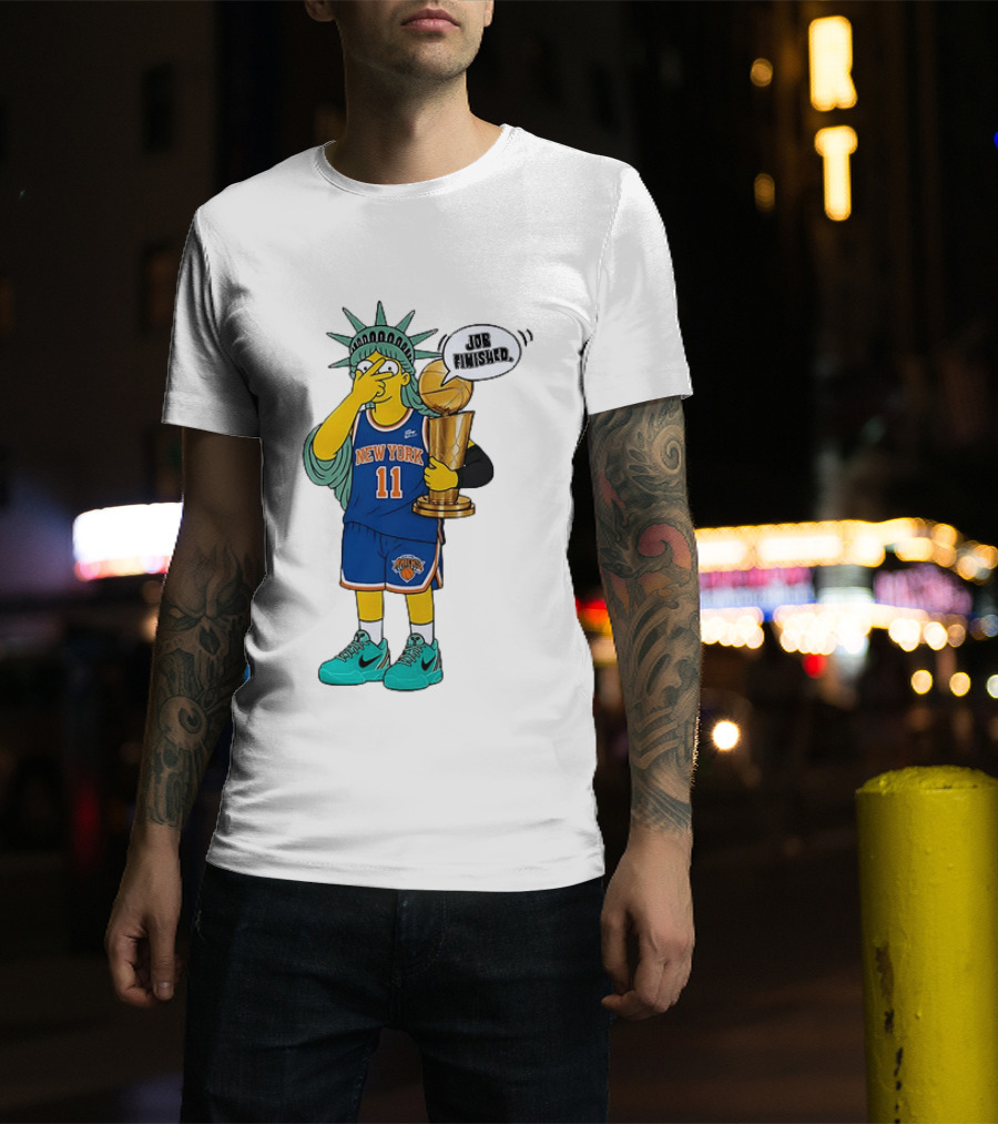 Statue Of Liberty Simpsons Jalen Brunson Hug Trophy New York Knicks Job Finished 2026 NBA Championship T-Shirt